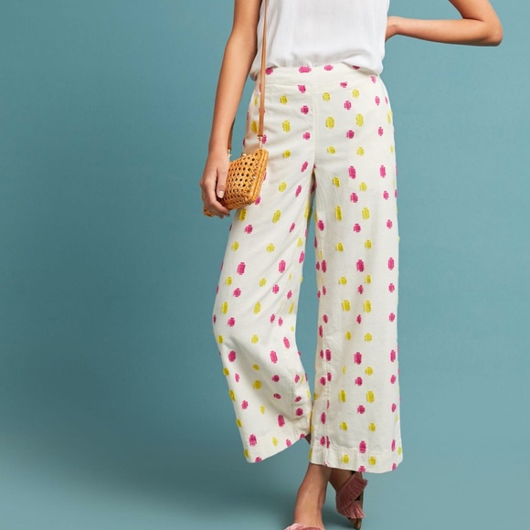 Anthropologie Women's Size L White Cropped Clip Dot Trousers Wide Leg - Picture 1 of 8